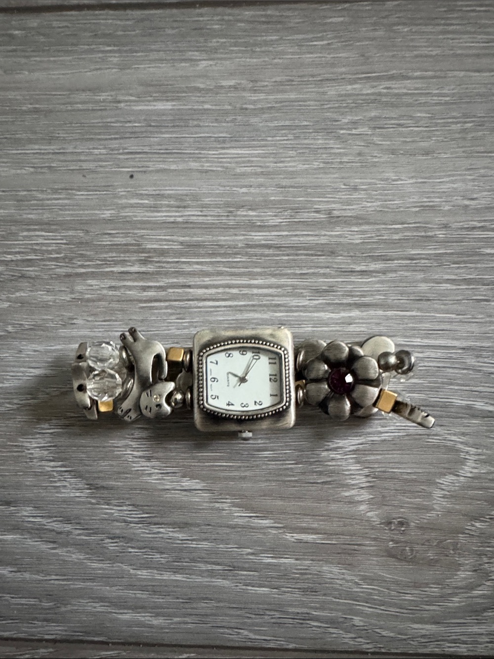 Vintage 1990s Antiqued Pewter Inspirational Charm Watch Stretch Bracelet